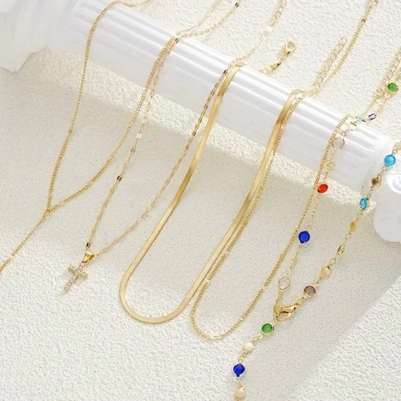 5 pc Set Gold Multi-Color Gem Layered Necklace - Picture 3 of 5